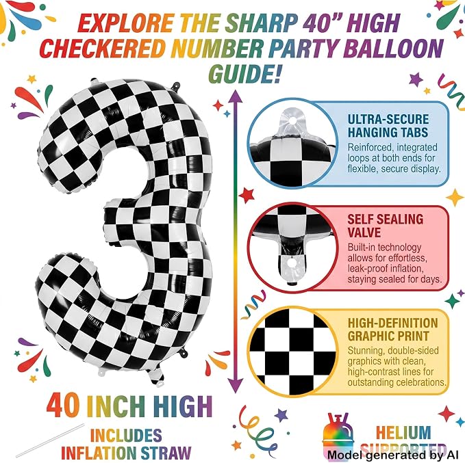 40" Checkered Number 3 Balloon for 3th Race Theme Birthday Party Supplies | 40 - Image 2