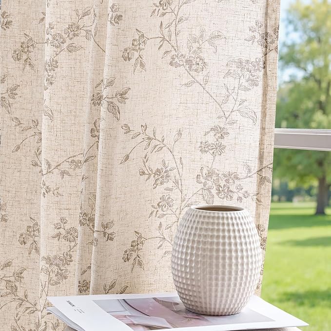 jinchan Taupe Floral Linen Curtains 90 Inch Farmhouse Back Tab 2 Panels | Taupe - Image 8