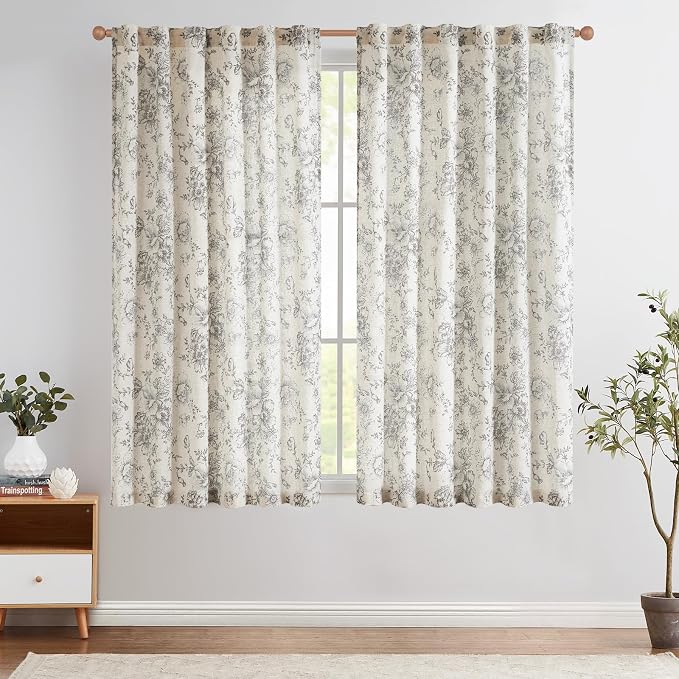 jinchan Grey Floral Linen Curtains 54 Inch Vintage Back Tab 2 Panels | Light - Image 2