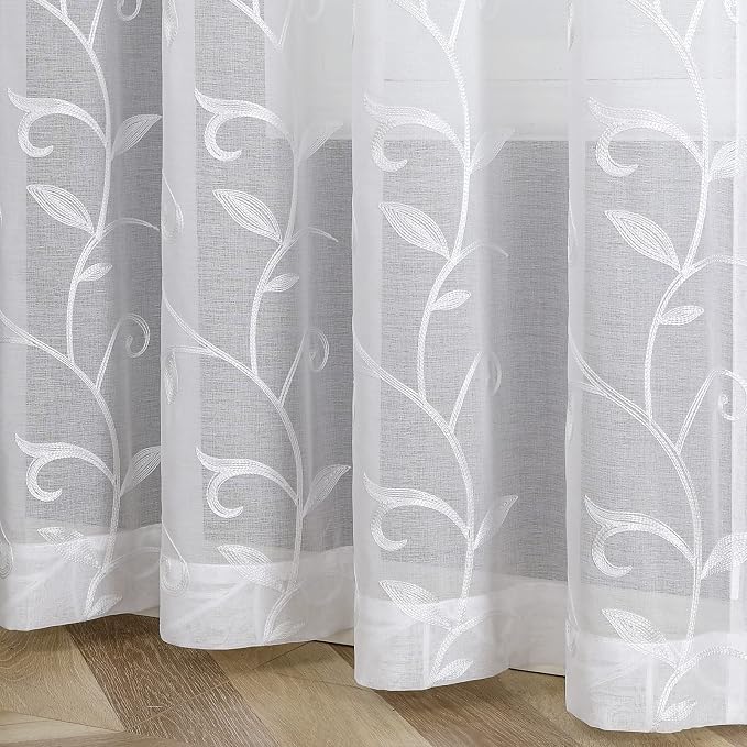 White Sheer Curtains Embroidered Leaves 2 Panels 54Wx96L | Light Filtering - Image 6