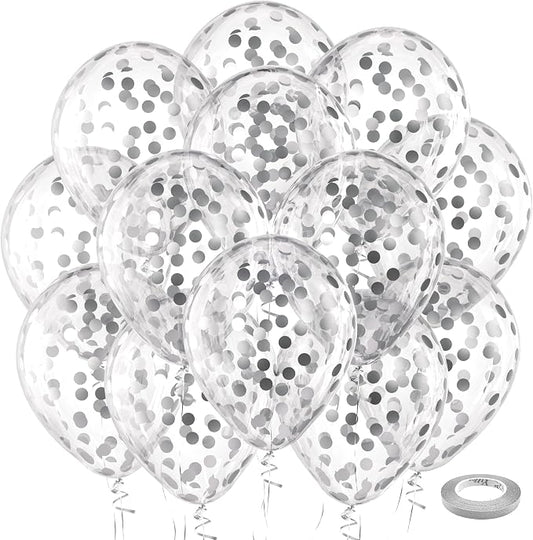 Bezente Silver Confetti Latex Round Helium Party Balloons 60 Pack 12 inch | by Bezente