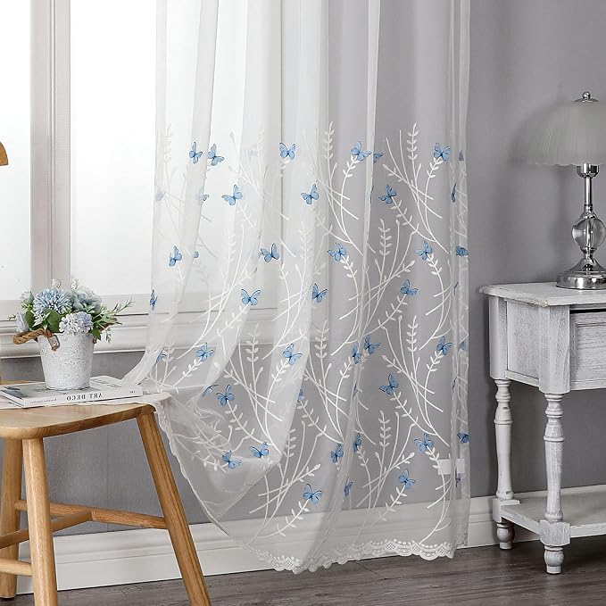 White Sheer Voile Curtains White Embossed Butterflies 84 Inches | Light by VISIONTEX