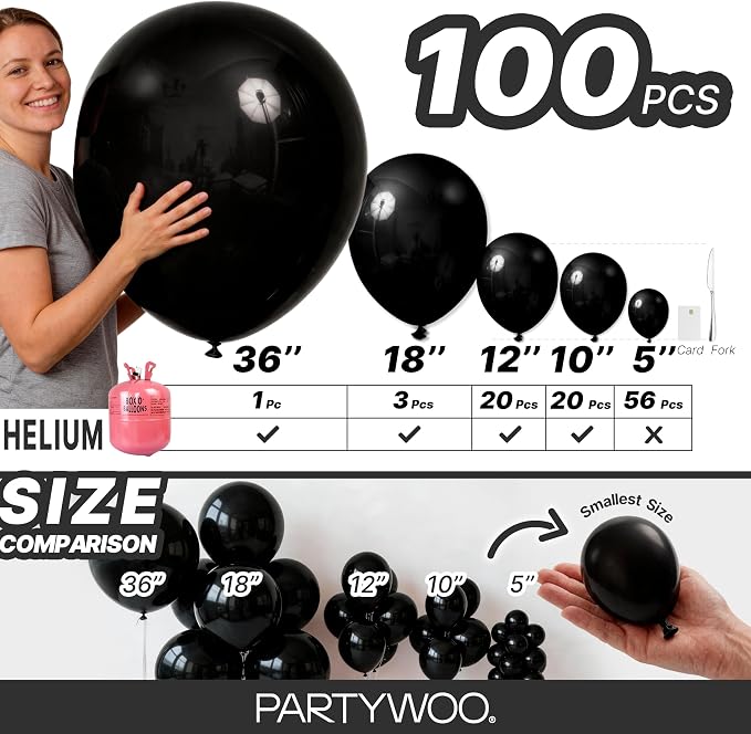 PartyWoo Black Balloons 100pcs Different Sizes of 36 18 12 10 5 Inch | Balloons - Image 7