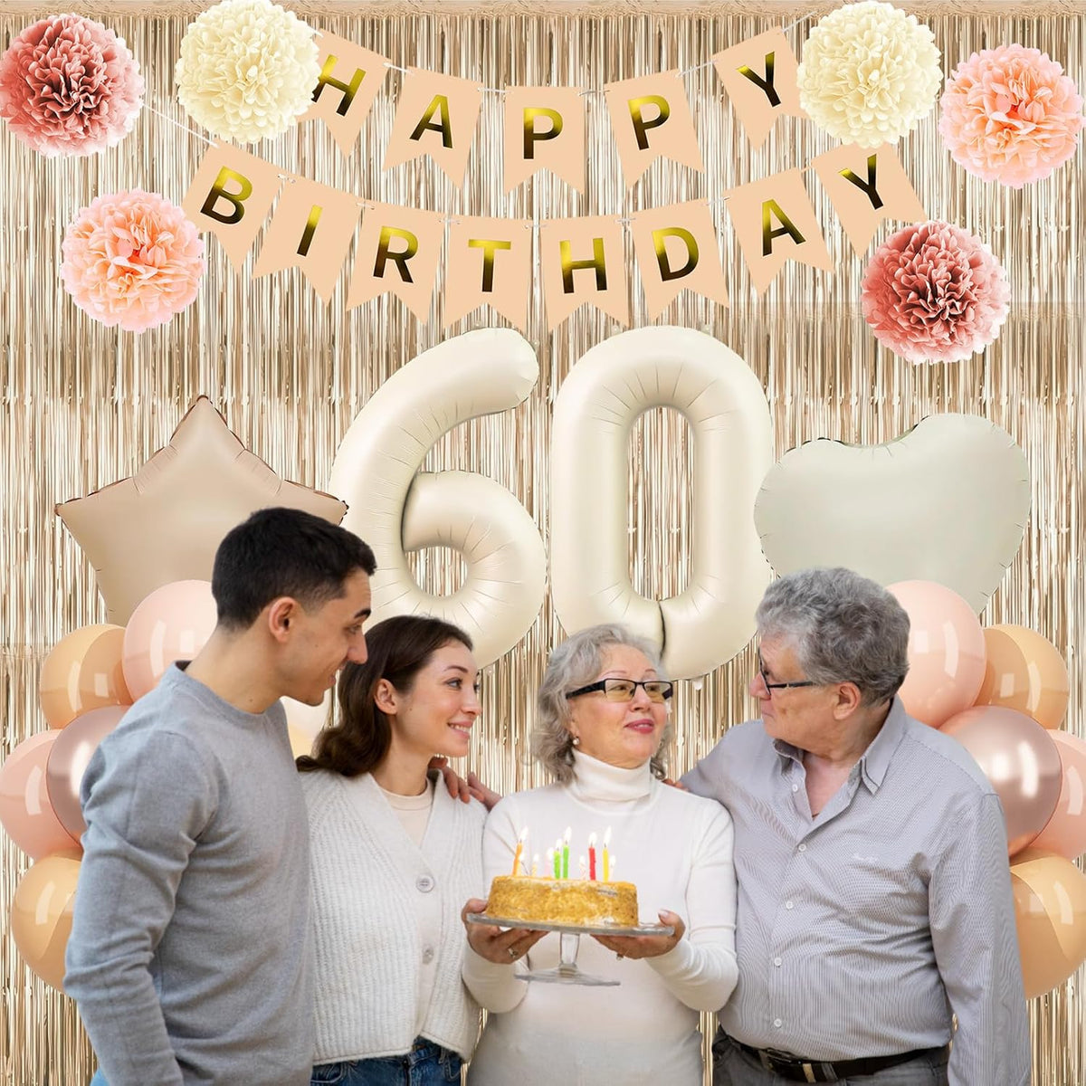Beige 60th Birthday Decorations for Women Cream Number 60 Balloon Nude Gold Happy Birthday Banner Fringe Curtain Paper Pom Poms Blush White Sand Champagne Star Foil Balloons Neutral Boho Party Decor