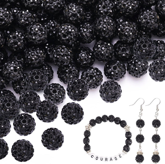 150 pcs 10mm Rhinestone Beads for Jewelry Making, Black Shiny Round Shamballa Disco Beads Bulk, Sparkle Crystal Clay Christmas for Bracelet Baseball Necklace Earring Crafting and DIY