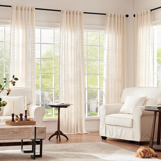jinchan Floral Linen Curtains Embroidered Back Tab 50x84in 2 Panels Ivory | - Image 5