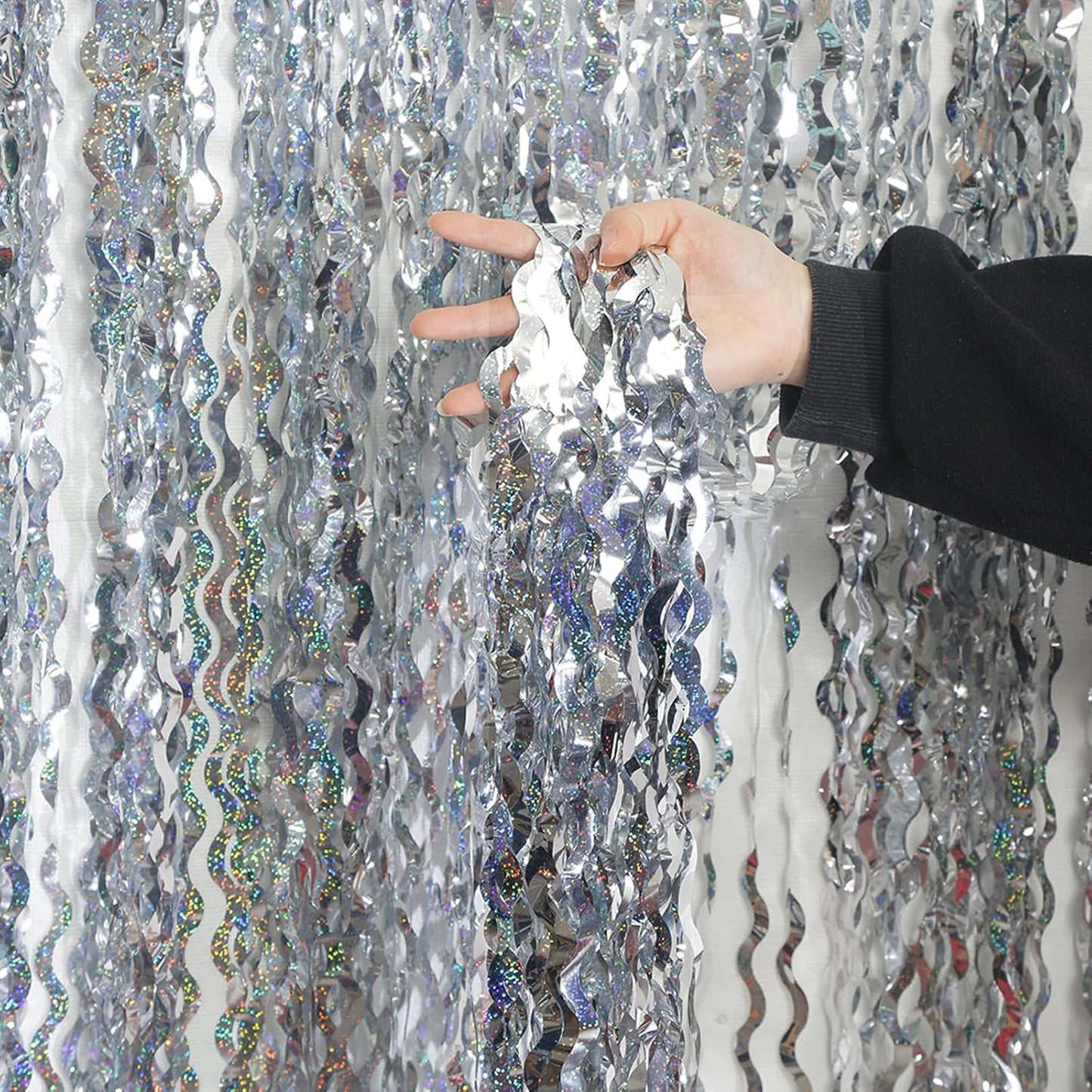 4 Pack 3.3 ft x 6.6 ft Silver Metallic Tinsel Foil Fringe Curtains - Door Streamers for Photo Booth Christmas Day Thanksgiving Wedding New Year Party Decorations