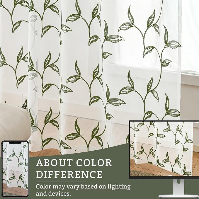 Sheer Curtains Boho Leaf Floral Embroidered Green 54Wx102L | Light Filtering - Image 6