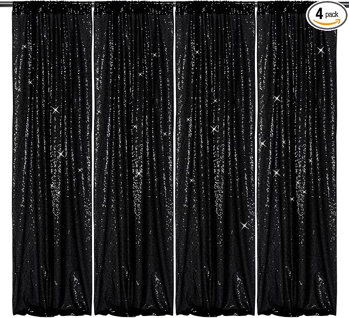 PartyDelight Black Sequin Backdrop Curtains 2x8ft 4 Panels | Sparkly 3mm sequins by PartyDelight