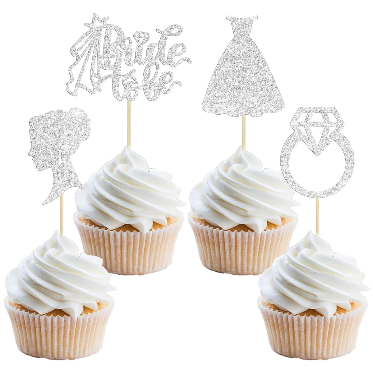 Gyufise 24 Pack Bride to Be Cupcake Toppers with Heart Ring Dress Glitter Bridal Shower Cupcake Picks Decorations for Wedding Engagement Bachelorette Party Cake Decorations Supplies Silver