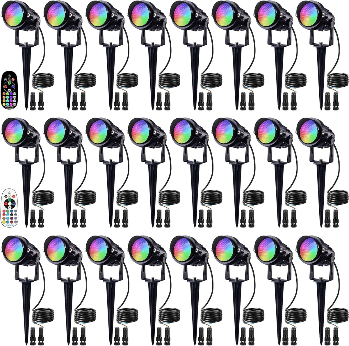 SUNVIE 24 Pack Halloween RGBW Low Voltage Landscape Lights 12W LED Color Changing Landscape Lighting with Remote Control and Wire Connectors, AC/DC 12V-24V Waterproof Outdoor Spotlight for Yard Garden
