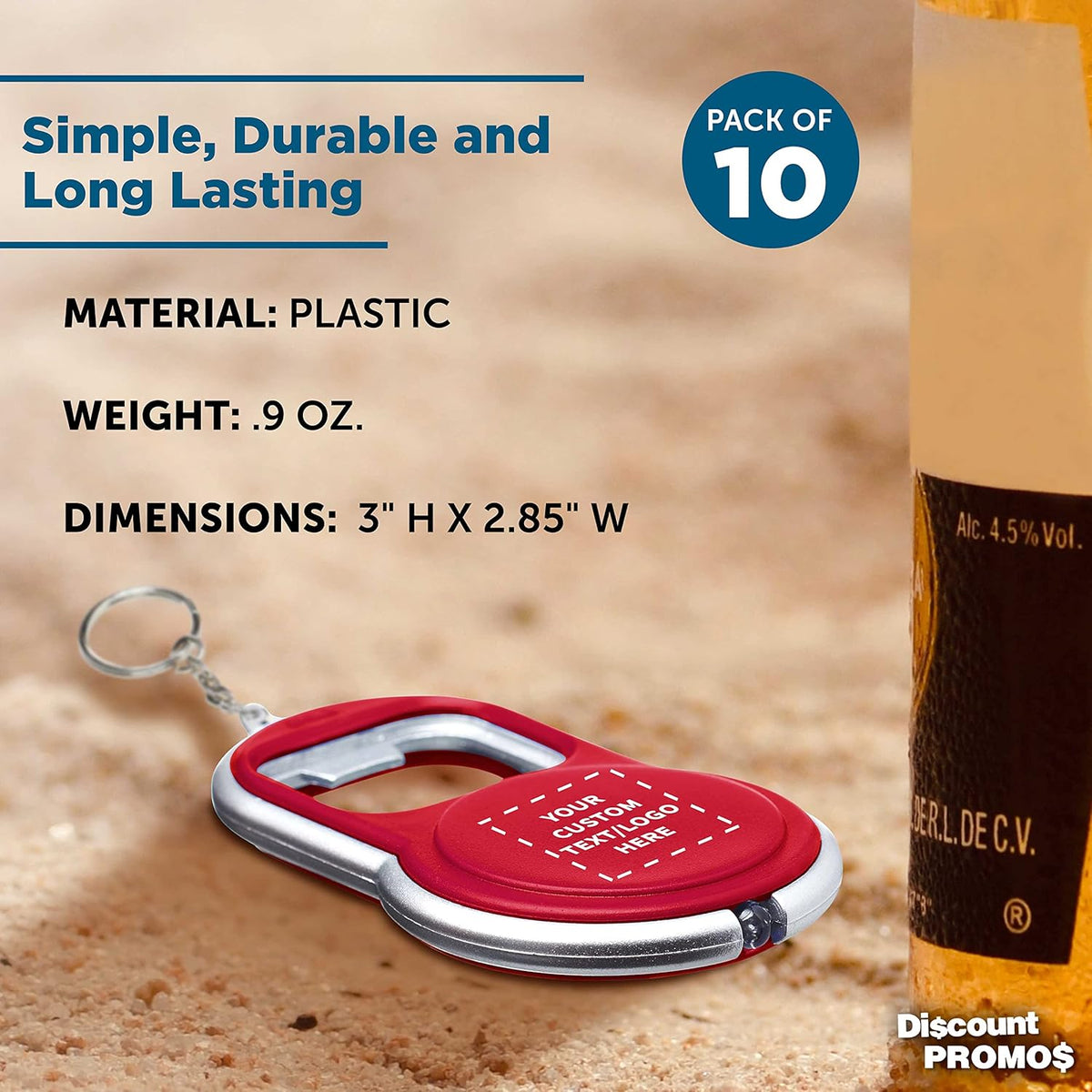DISCOUNT PROMOS Custom Bottle Opener & LED Keychains Set of 10, Personalized Bulk Pack - Perfect for Tradeshows, Party Favors, Other Events - Red