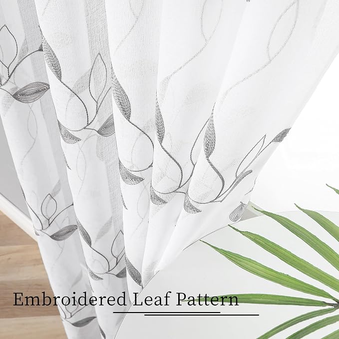 Tollpiz Grey Leaf Sheer Curtain Bedroom 38 x 63 Inches | Leaves Embroidered - Image 3
