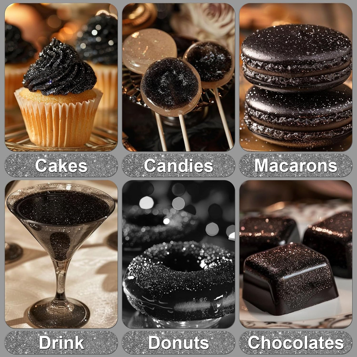 Black Edible Glitter - 5g Food Grade Cake Decorating Shimmering Glitter, Edible Sprinkle Luster Dust for Drinks, Chocolates, Fondant, Strawberries, Cupcakes, Candy, Cookie - Vegan