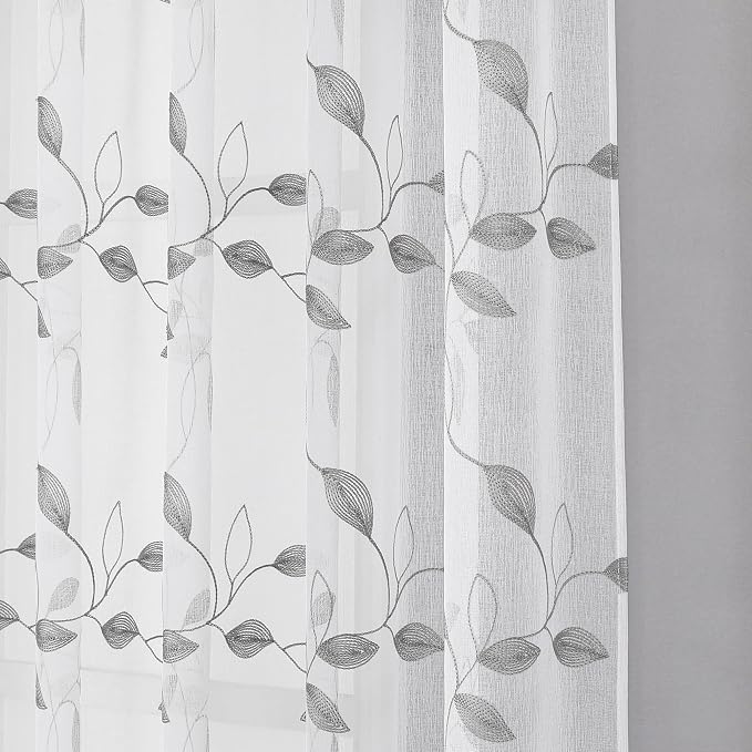 Tollpiz Grey Leaf Sheer Curtain Bedroom 38 x 63 Inches | Leaves Embroidered - Image 8