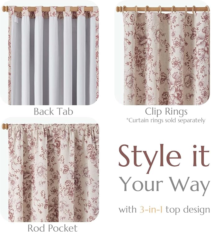 jinchan Red Floral Linen Blackout Curtains Lined 96 Inch Back Tab 2 Panels | - Image 5