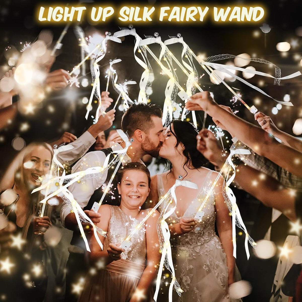 100PCS Light up Wands for wedding, Wedding Wands Streamers with 3 Colorful Flashing Modes, Fairy Wands, LED Silk Fairy Wand with Bells for Wedding, New Year, Thanksgiving, Concert
