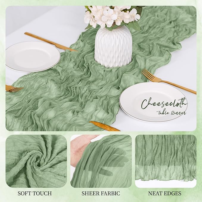 12 Pack Sage Green Cheesecloth Table Runner 17x108 Inch Semi Sheer Boho Gauze - Image 3