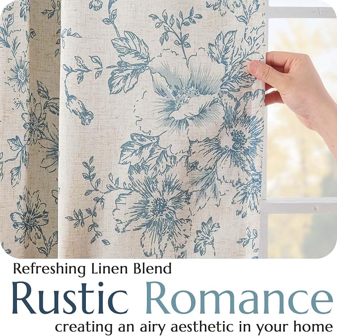 jinchan Blue Floral Linen Blackout Curtains Lined 96 Inch Back Tab 2 Panels | - Image 4