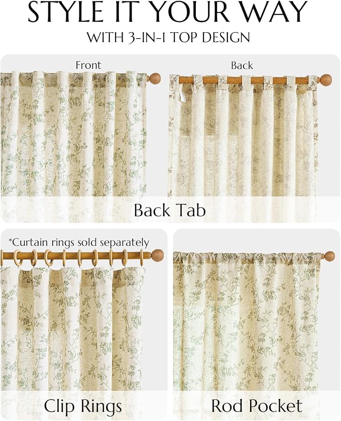 jinchan Green Floral Linen Curtains 84 Inch Farmhouse Back Tab 2 Panels | - Image 8