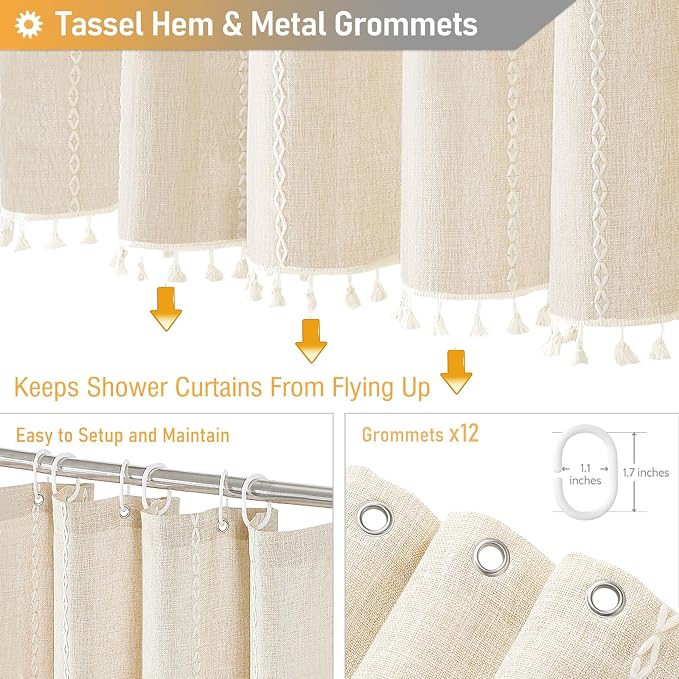 72x78 Long Boho Farmhouse Linen Heavy Duty Shower Curtain, Cream/Beige | Tall - Image 5