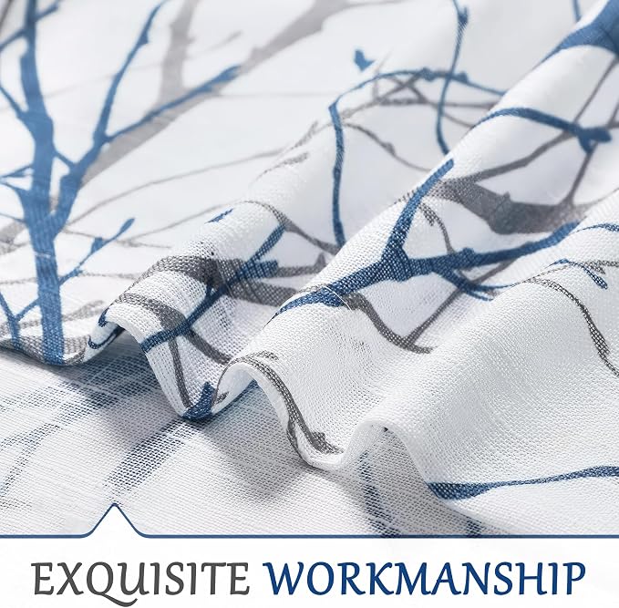 FMFUNCTEX Linen Blue White Semi Sheer Print Curtains 96 Inch Long 2 Panels | - Image 7
