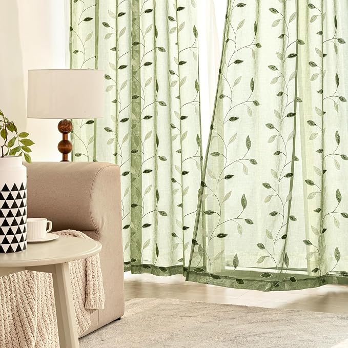 MIULEE Sage Green Sheer Curtains 2 Panels Leaf Patterned, W52 x L96 | - Image 3
