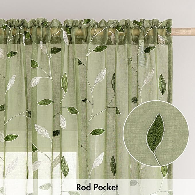 MIULEE Sage Green Sheer Curtains 2 Panels Leaf Patterned, W30 x L24 | - Image 6