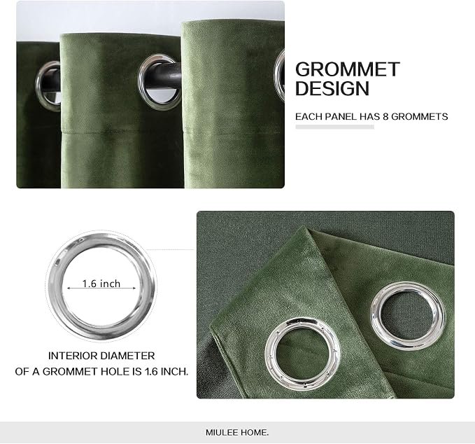 MIULEE Velvet Curtains Olive Green 52 x 96 Inch Length Set of 2 | Grommet Drapes - Image 2