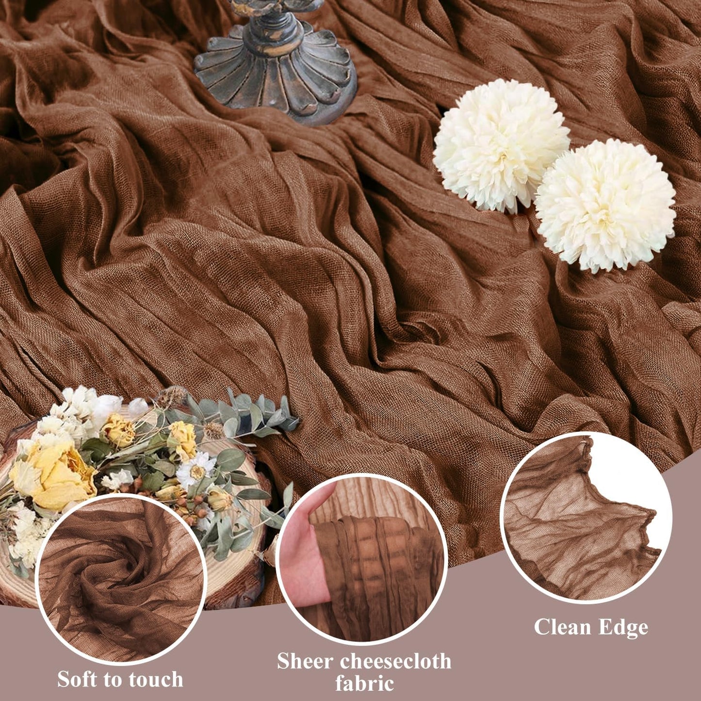Asee'm 12pcs Cheesecloth Table Runner 120 Inches Long Brown Boho Gauze Cheese Cloth Runner 10FT Rustic Sheer Fall Table Runners for Thanksgiving Christmas Wedding Party Baby Shower Decoration