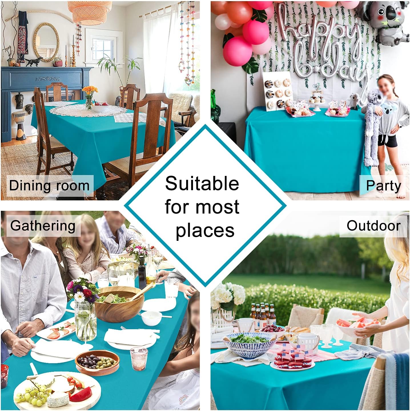 Hiasan Rectangle Tablecloth - Water Resistant and Spillproof Kitchen Washable Polyester Fabric Table Cloth for 6 Foot Tables, 30 x 60 Inch, Turquoise