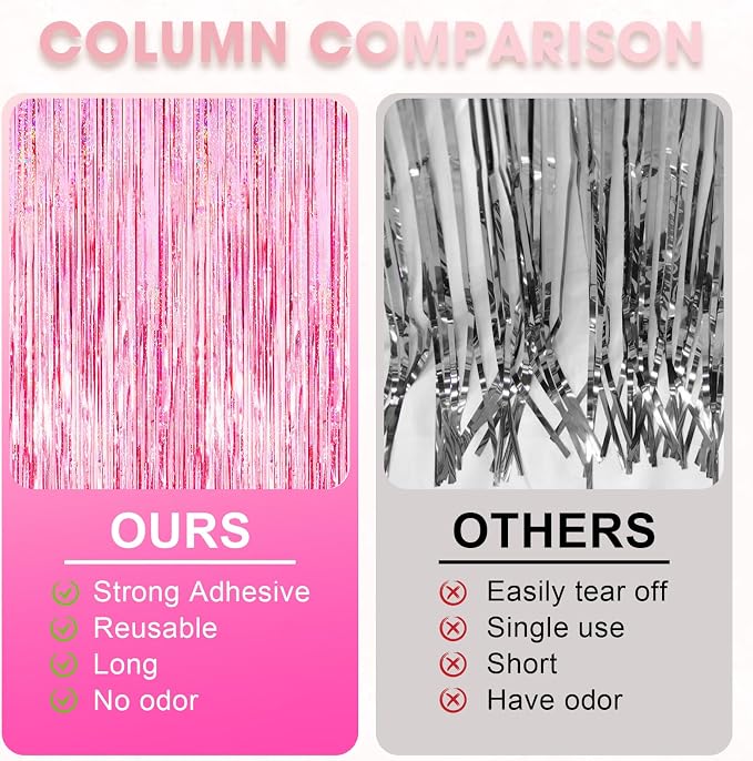 Voircoloria 3 Pack 3.3x8.2 Feet Laser Pink Foil Fringe Backdrop Curtains - Image 5