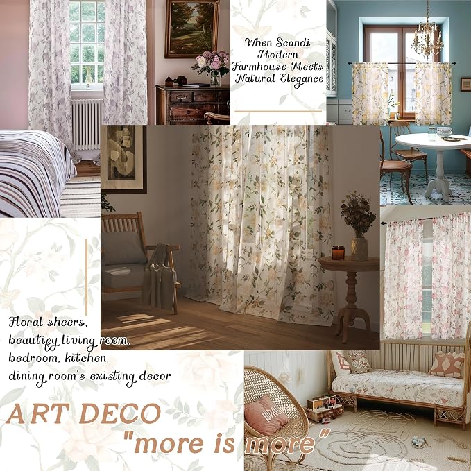 Sheer Curtains 45 Inch Length 2 Panels Set, Floral Patterned Linen Look - Image 5