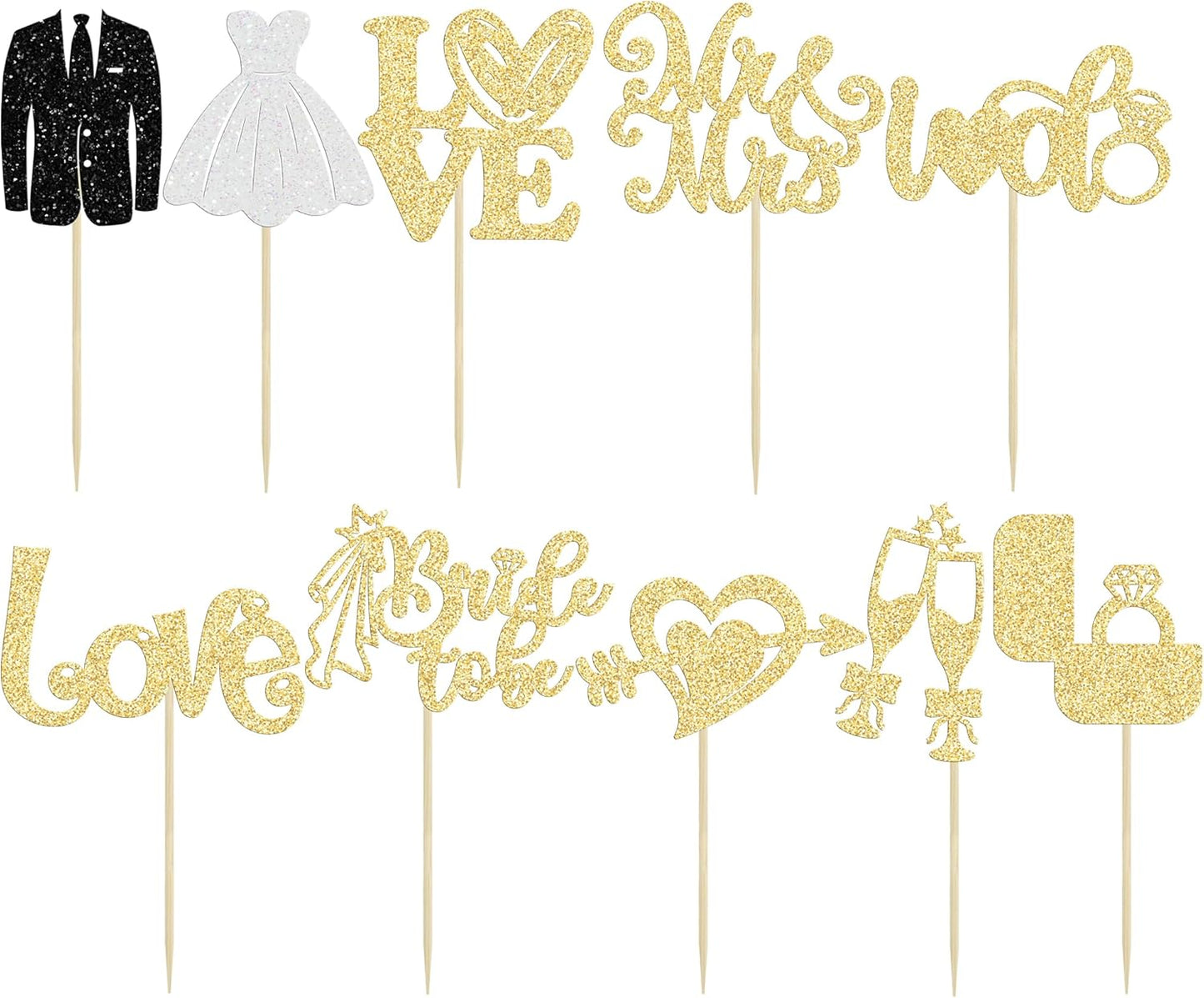 Ephlyn 30Pcs Bride to be Cupcake Toppers Glitter Diamond Ring Love I Do Cupcake Picks for Miss to Mrs Bridal Shower Wedding Engagement Bachelorette Cupcake Decorations Party Supplies Gold