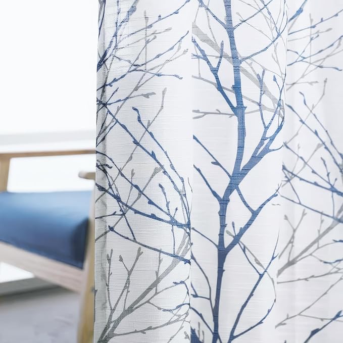 FMFUNCTEX Linen Blue White Semi Sheer Patio Curtains 84 Inch Long 1 Panel | - Image 8