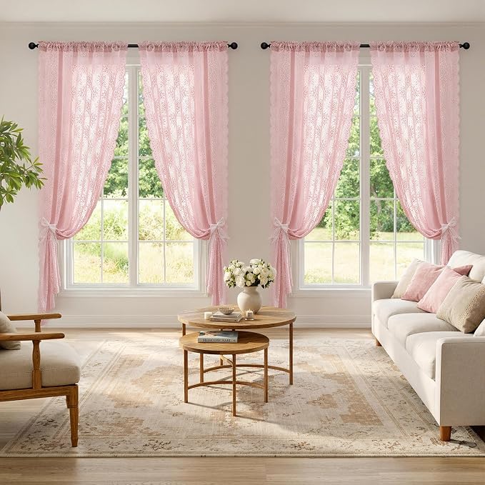 MIULEE Vintage Floral Scalloped Lace Curtains, Light Pink 52" W x 72" L | 2 - Image 2