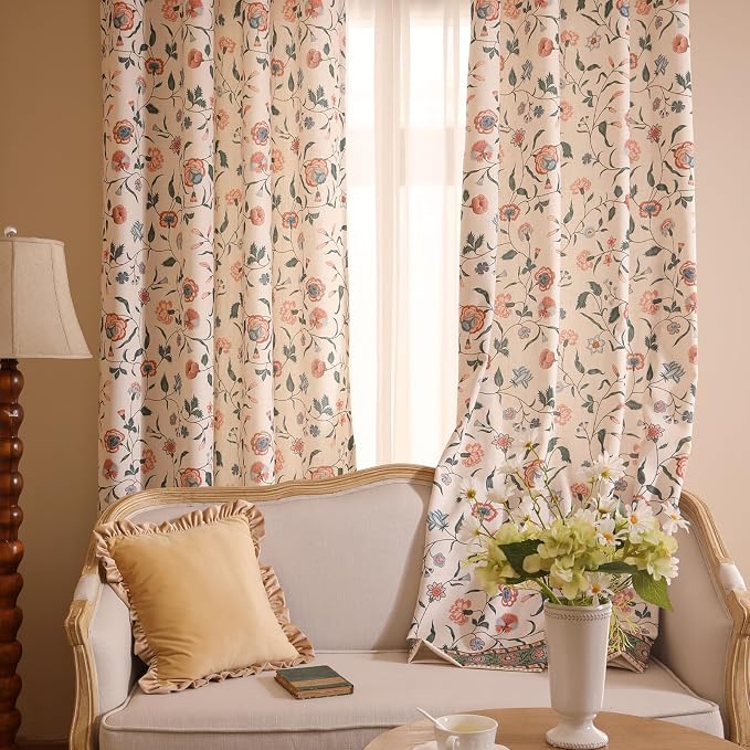 Designer French Linen Printed Curtains, 2 Panels, Floral Pattern Draps - Image 8