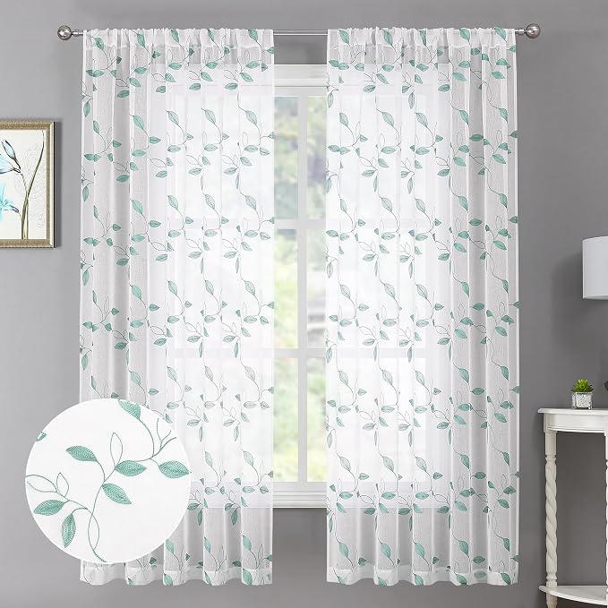 Tollpiz Teal Blue Leaf Sheer Curtain Leaves Embroidered Bedroom Curtains Rod by Tollpiz