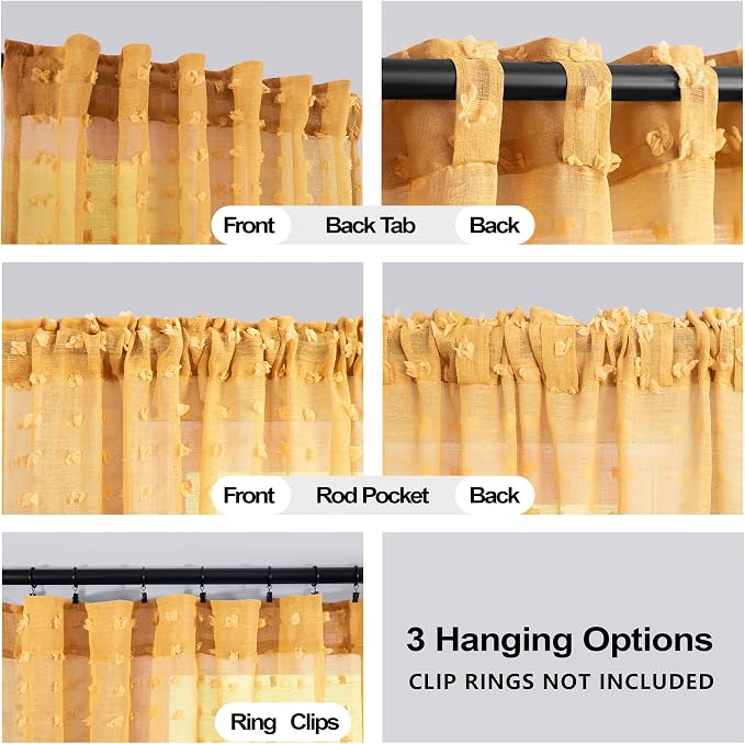 Boho Back Tab Sheer Mustard Yellow Curtains 96 Inches Long - Image 3