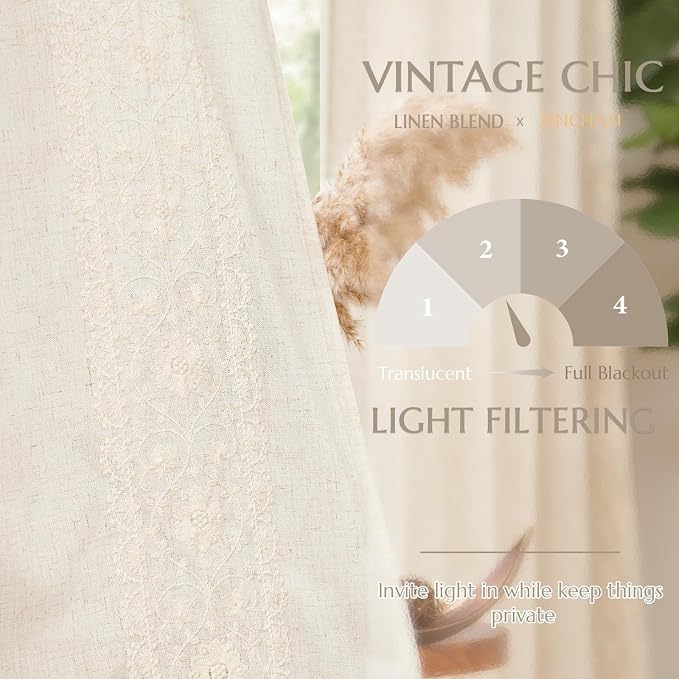 jinchan Ivory Floral Embroidered Linen Kitchen Curtains 54×45 Inch 2 Panels | - Image 6