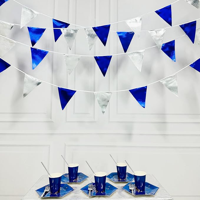 Royal Blue Silver Party Decorations Navy Blue Triangle Pennant Banner Flag - Image 4