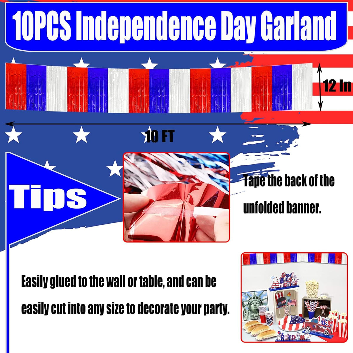 10 Pack 10 Feet Foil Fringe Garland Metallic Tinsel Streamers Banner Wall Hanging Backdrop for Parade Floats, Bachelorette, Wedding, Birthday, Independence Day Party Decorations(Red Blue White)