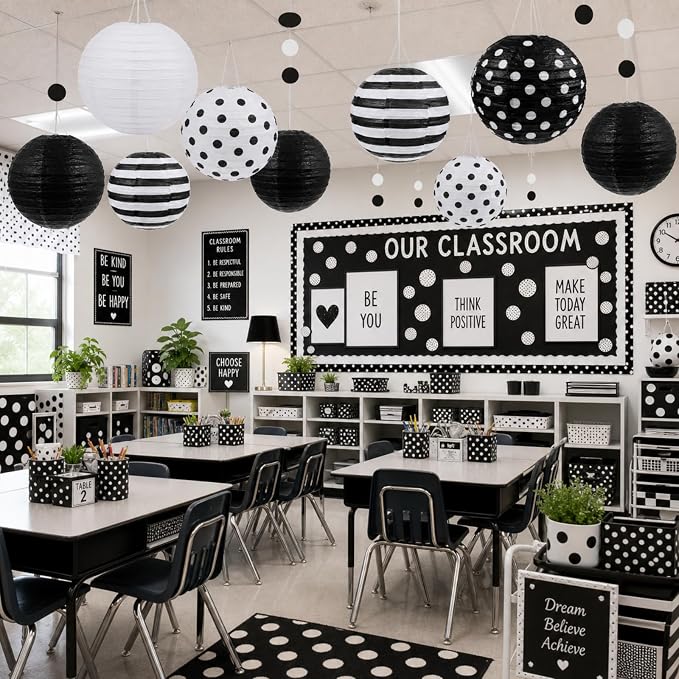 Treela 6 Pack Black and White Paper Lanterns Back to School 8" Round Hanging - Image 8