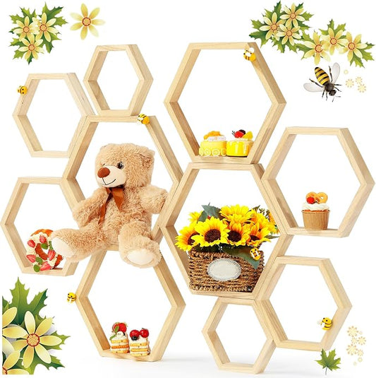 Gerrii 10 Pcs Honey Comb Decorations 5 Sizes Wood Hexagon Shelves Honeycomb by Gerrii