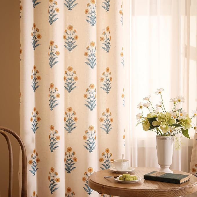Designer Vintage Linen Printed Curtain, 2 Panels, Pale Yellow Floral Pattern - Image 9