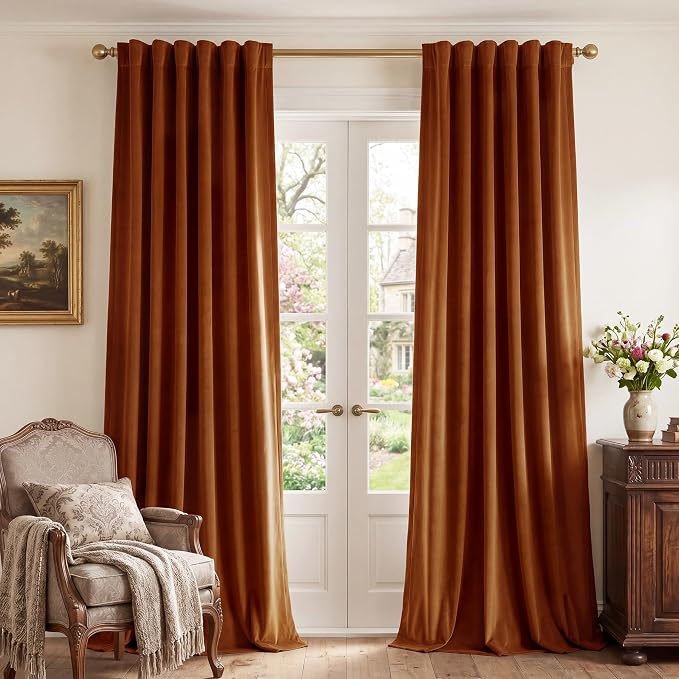 Burnt Orange Velvet Curtains Back Tab Extra Long, Window Back Tab Extra Long by StangH