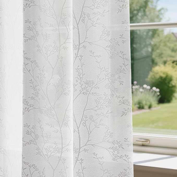 Anmao White Semi Sheer Light Filtering Extra Long Curtains 2 Panels, Branch by Anmao