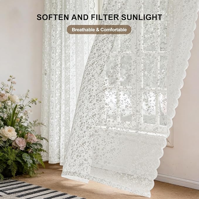 Anmao Vintage Lace Sheer Curtains 96 Inches Long - Image 2
