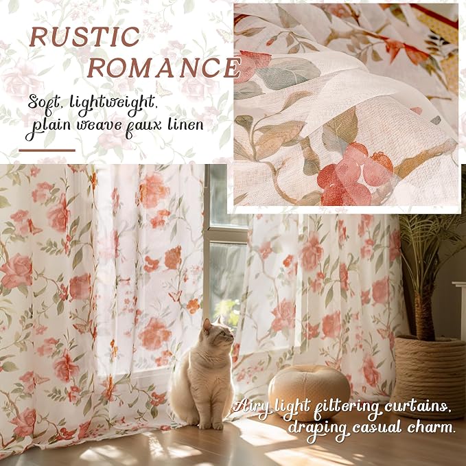 Floral Sheer Curtains for Bedroom Window 72 Inch Length 2 Panels, Farmhouse - Image 4