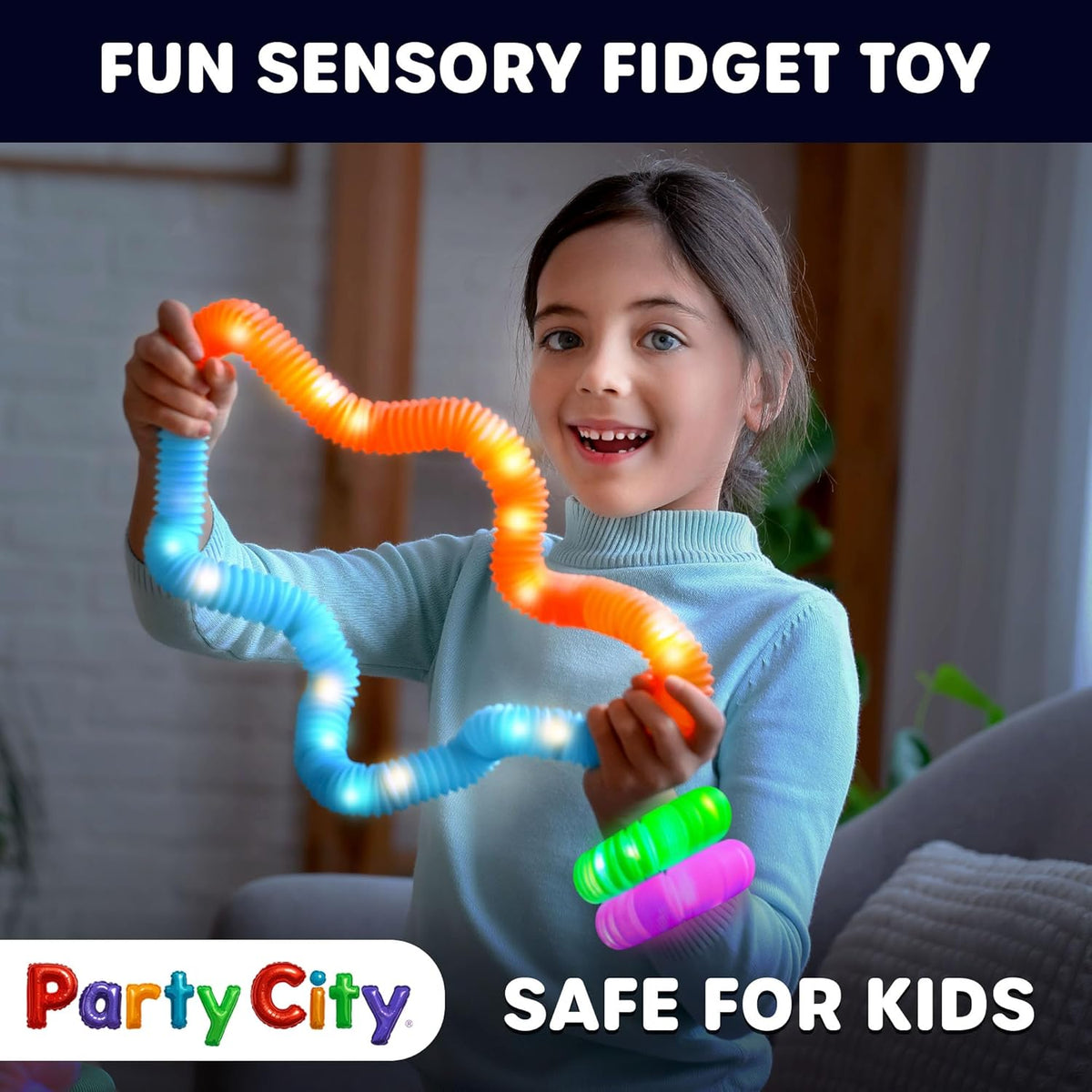 Party City 6pk LED Light Up Pop Tubes 25”- 3 Mode Stretchy Tubes LED Light Up Toys Bulk Glow Sticks Party Favors for Kids Necklaces Bracelets Neon Glow in the Dark Supplies Fidget Sensory Tube Pack